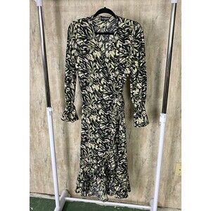 Kittenish Floral Maxi Wrap Dress Tie Waist Green & Black Medium Boho Feminine